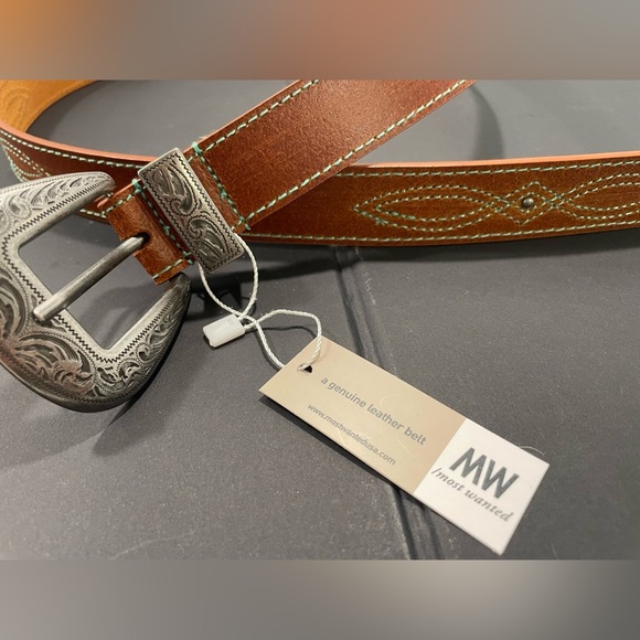 Most Wanted Genuine Leather Gaucho Belt Tan Silver Buckle Green Stitching XL NEW - Picture 7 of 8